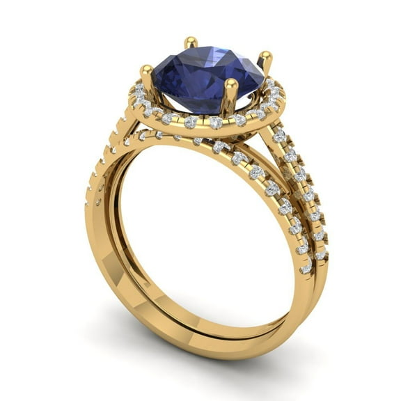 Clara Pucci 18K Yellow Gold 2.52 Simulated Blue Sapphire Engraveable Engagement Ring + Wedding Band Set