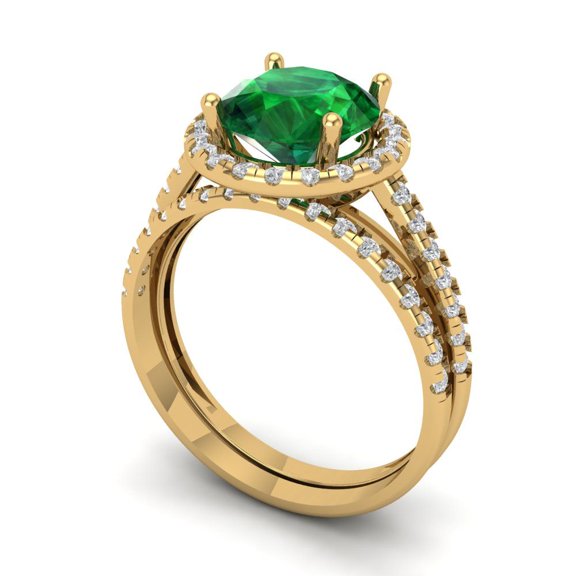 Clara Pucci 18K Yellow Gold 2.52 Simulated Emerald Engraveable Engagement Ring + Wedding Band Set