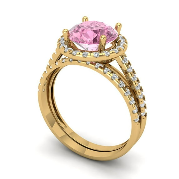 Clara Pucci 18K Yellow Gold 2.52 Simulated Pink Diamond Engraveable Engagement Ring + Wedding Band Set
