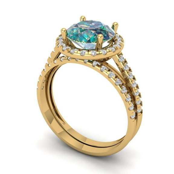 Clara Pucci 18K Yellow Gold 2.52 Synthetic Blue Moissanite Engraveable Engagement Ring + Wedding Band Set