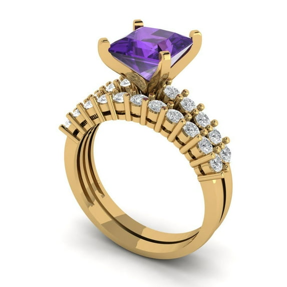 Clara Pucci 18K Yellow Gold 2.63 Natural Amethyst Engraveable Engagement Ring + Wedding Band Set