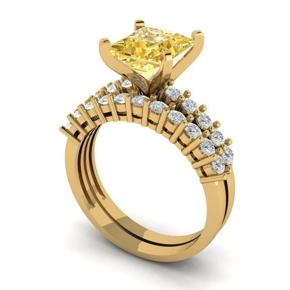 Clara Pucci 18K Yellow Gold 2.63 Natural Citrine Engraveable Engagement Ring + Wedding Band Set