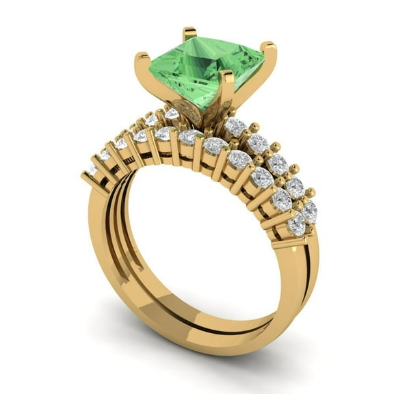 Clara Pucci 18K Yellow Gold 2.63 Simulated Green Diamond Engraveable Engagement Ring + Wedding Band Set