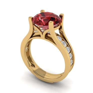 Clara Pucci 18K Yellow Gold 3.39 Natural Garnet Engraveable Engagement Ring + Wedding Band Set