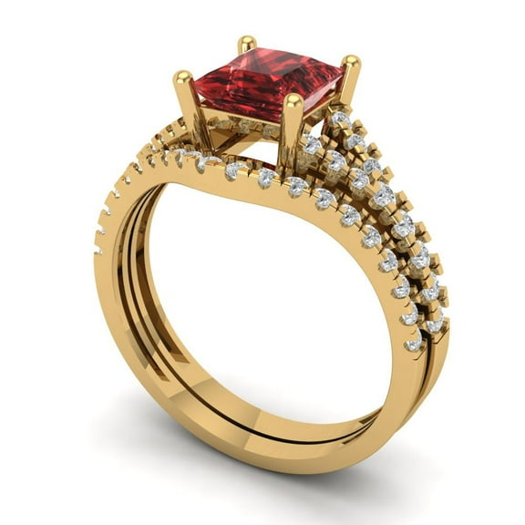 Clara Pucci 18K Yellow Gold 3.4 Natural Garnet Engraveable Engagement Ring + Wedding Band Set