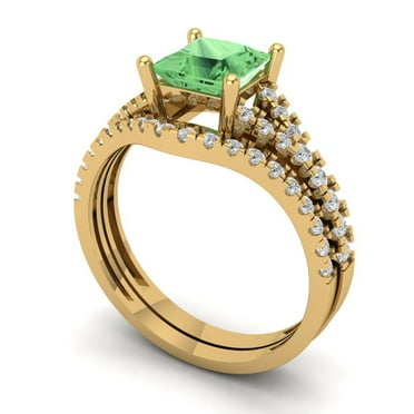 Clara Pucci 18K Yellow Gold 3.4 Simulated Green Diamond Engraveable Engagement Ring + Wedding Band Set