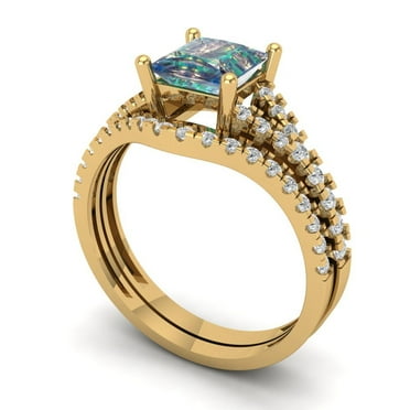 Clara Pucci 18K Yellow Gold 3.4 Synthetic Blue Moissanite Engraveable Engagement Ring + Wedding Band Set