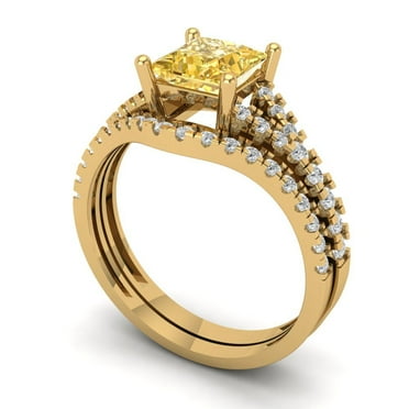 Clara Pucci 18K Yellow Gold 3.4 Synthetic Yellow Moissanite Engraveable Engagement Ring + Wedding Band Set