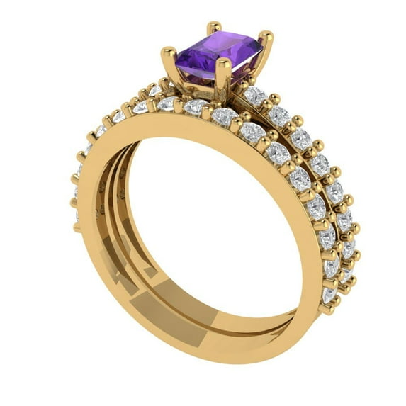 Clara Pucci 18K Yellow Gold Emerald Cut 0.5Ct Natural Amethyst Engagement Ring + Matching Band - Luxury Box Included