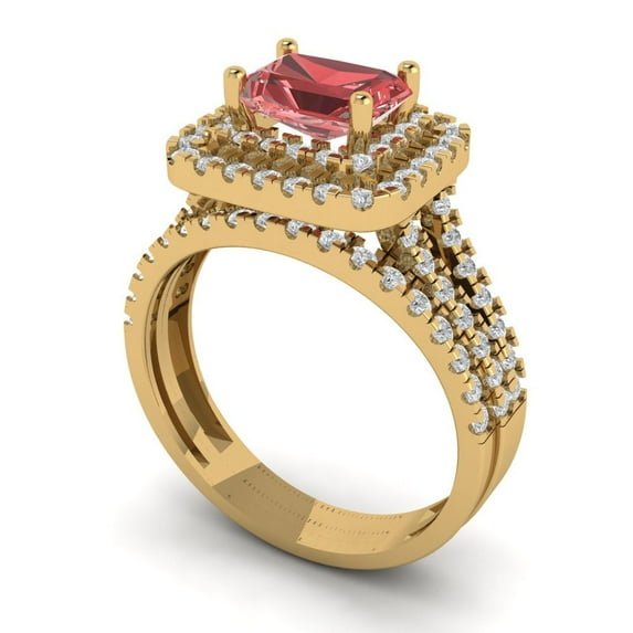 Clara Pucci 18K Yellow Gold Emerald Cut 1Ct Natural Garnet Engagement Ring + Matching Band - Luxury Box Included