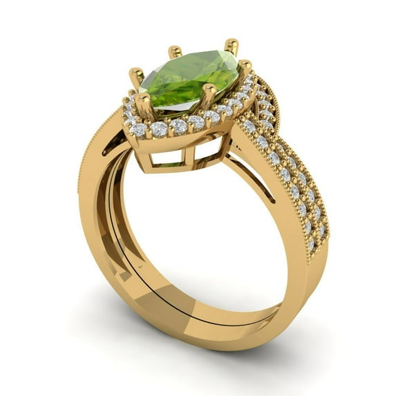 Clara Pucci 18K Yellow Gold Marquise Cut 2Ct Natural Peridot Engagement Ring + Matching Band - Luxury Box Included