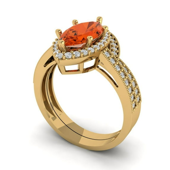 Clara Pucci 18K Yellow Gold Marquise Cut 2Ct Simulated Red Diamond Engagement Ring + Matching Band - Luxury Box Included