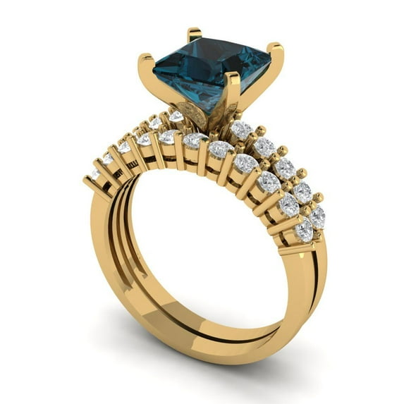 Clara Pucci 18K Yellow Gold Princess Cut 2Ct Natural London Blue Topaz Engagement Ring + Matching Band - Luxury Box Included