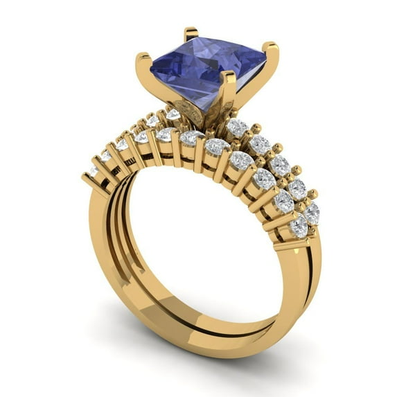 Clara Pucci 18K Yellow Gold Princess Cut 2Ct Simulated Tanzanite Engagement Ring + Matching Band - Luxury Box Included