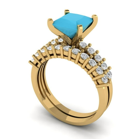 Clara Pucci 18K Yellow Gold Princess Cut 2Ct Simulated Turquoise Engagement Ring + Matching Band - Luxury Box Included