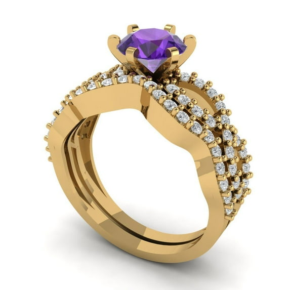 Clara Pucci 18K Yellow Gold Round Cut 1Ct Natural Amethyst Engagement Ring + Matching Band - Luxury Box Included