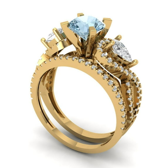 Clara Pucci 18K Yellow Gold Round Cut 1Ct Simulated Blue Diamond Engagement Ring + Matching Band - Luxury Box Included