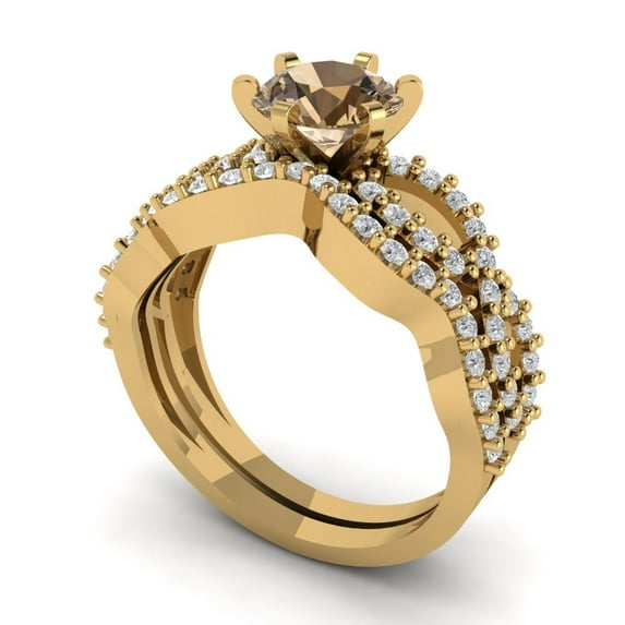 Clara Pucci 18K Yellow Gold Round Cut 1Ct Simulated Champagne Engagement Ring + Matching Band - Luxury Box Included