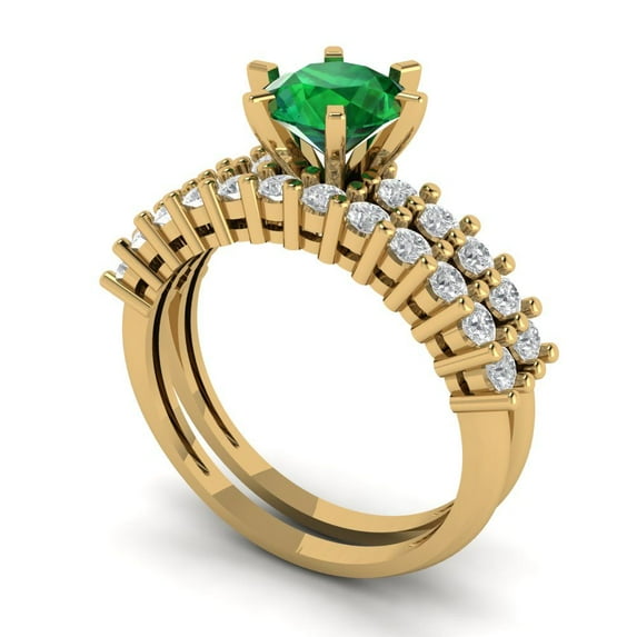 Clara Pucci 18K Yellow Gold Round Cut 1Ct Simulated Emerald Engagement Ring + Matching Band - Luxury Box Included