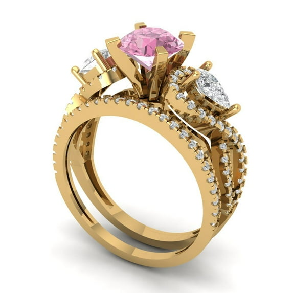 Clara Pucci 18K Yellow Gold Round Cut 1Ct Simulated Pink Diamond Engagement Ring + Matching Band - Luxury Box Included