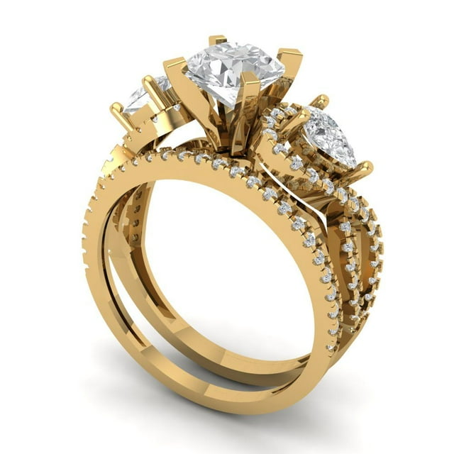 Clara Pucci 18K Yellow Gold Round Cut 1Ct Synthetic Moissanite Engagement Ring + Matching Band - Luxury Box Included