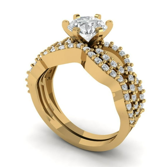 Clara Pucci 18K Yellow Gold Round Cut 1Ct Synthetic White Sapphire Engagement Ring + Matching Band - Luxury Box Included