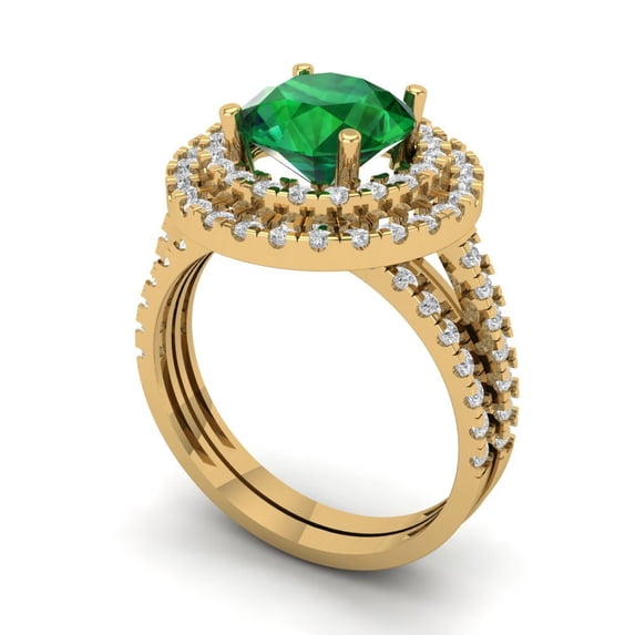 Clara Pucci 18K Yellow Gold Round Cut 2Ct Simulated Emerald Engagement Ring + Matching Band - Luxury Box Included