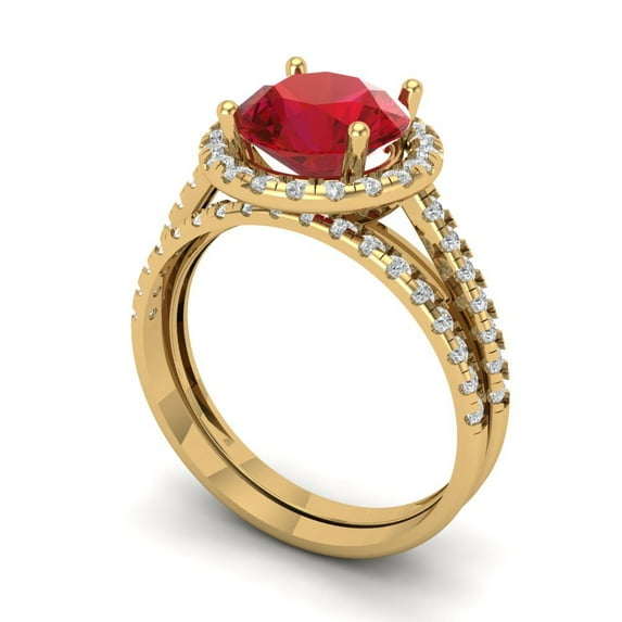 Clara Pucci 18K Yellow Gold Round Cut 2Ct Simulated Ruby Engagement Ring + Matching Band - Luxury Box Included
