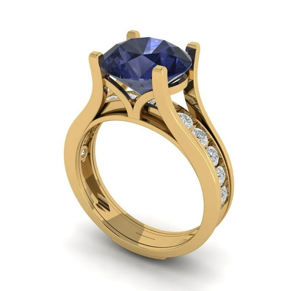Clara Pucci 18K Yellow Gold Round Cut 3Ct Simulated Blue Sapphire Engagement Ring + Matching Band - Luxury Box Included