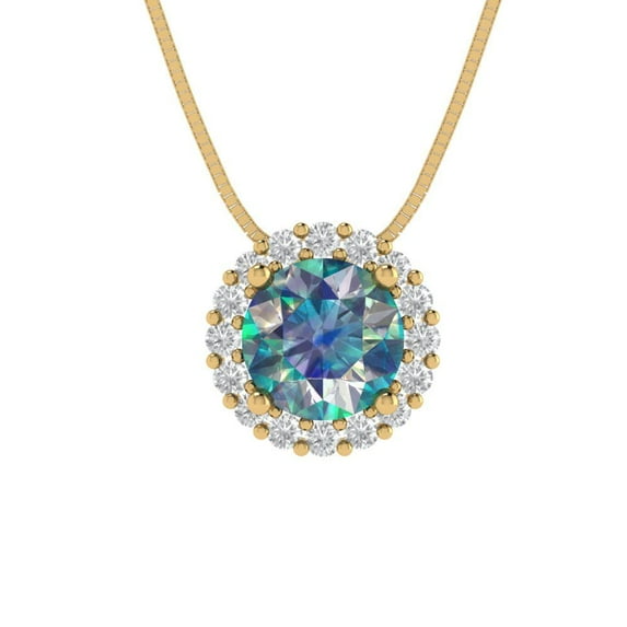 Clara Pucci 18K Yellow Solid Hypoallergenic Gold 1.16Ct Synthetic Blue Moissanite Round Brilliant Cut Halo Designer Necklace Pendant For April