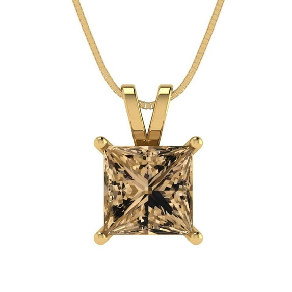 Clara Pucci 18K Yellow Solid Hypoallergenic Gold 2.5Ct Champagne Princess Cut Solitaire Designer Necklace Pendant For April