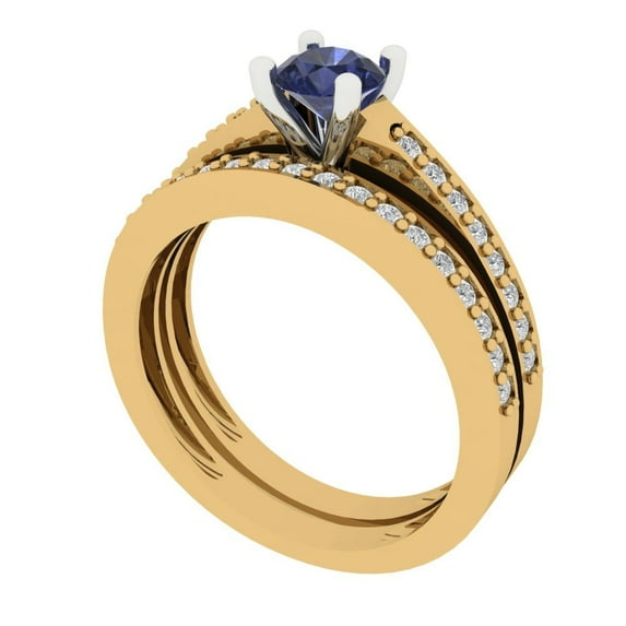 Clara Pucci 18K Yellow/White Gold 0.86 Simulated Blue Sapphire Engraveable Engagement Ring + Wedding Band Set