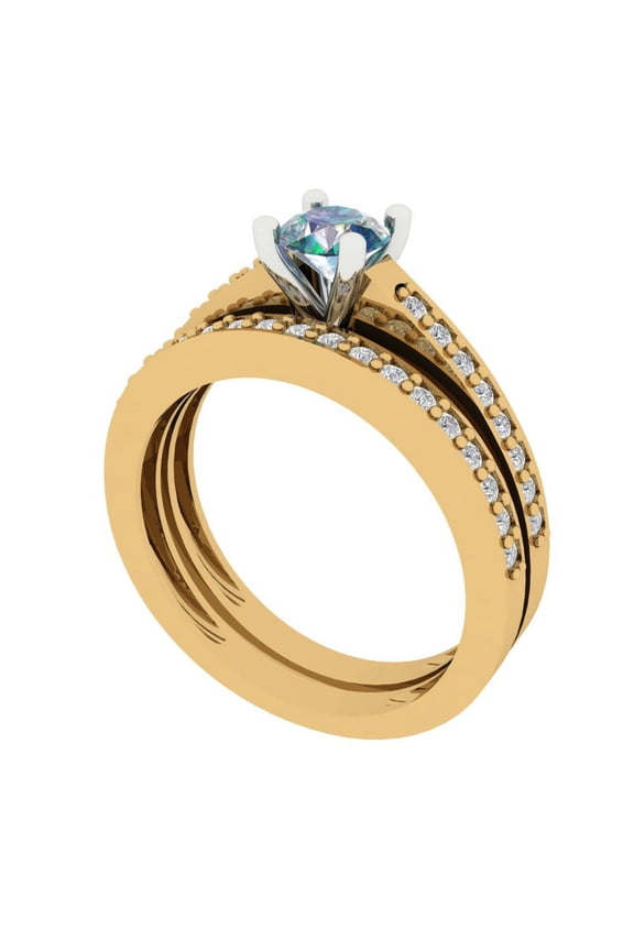 18K Yellow/White Gold 0.86 Synthetic Blue Moissanite Engraveable Engagement Ring + Wedding Band Set