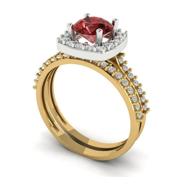 Clara Pucci 18K Yellow/White Gold 1.495 Natural Garnet Engraveable Engagement Ring + Wedding Band Set