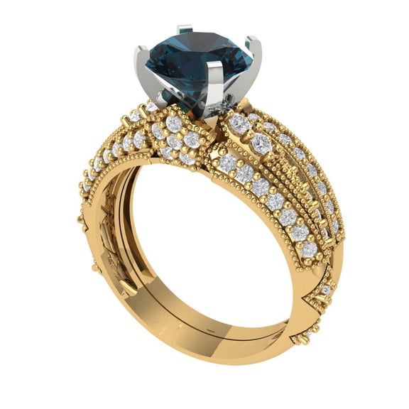 Clara Pucci 18K Yellow/White Gold 2.095 Natural London Blue Topaz Engraveable Engagement Ring + Wedding Band Set