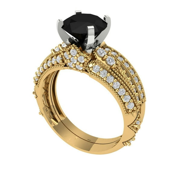Clara Pucci 18K Yellow/White Gold 2.095 Natural Onyx Engraveable Engagement Ring + Wedding Band Set