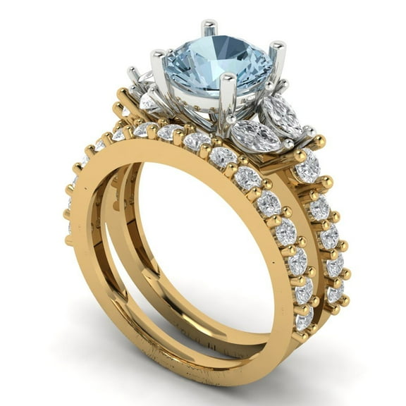 Clara Pucci 18K Yellow/White Gold 2.94 Natural Aquamarine Engraveable Engagement Ring + Wedding Band Set