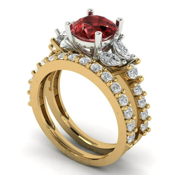 Clara Pucci 18K Yellow/White Gold 2.94 Natural Garnet Engraveable Engagement Ring + Wedding Band Set