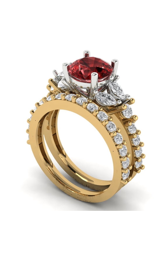 18K Yellow/White Gold 2.94 Natural Garnet Engraveable Engagement Ring + Wedding Band Set