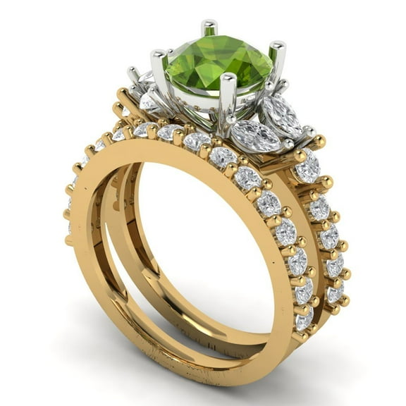 Clara Pucci 18K Yellow/White Gold 2.94 Natural Peridot Engraveable Engagement Ring + Wedding Band Set