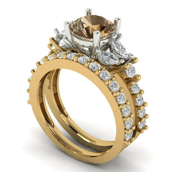Clara Pucci 18K Yellow/White Gold 2.94 Simulated Champagne Engraveable Engagement Ring + Wedding Band Set