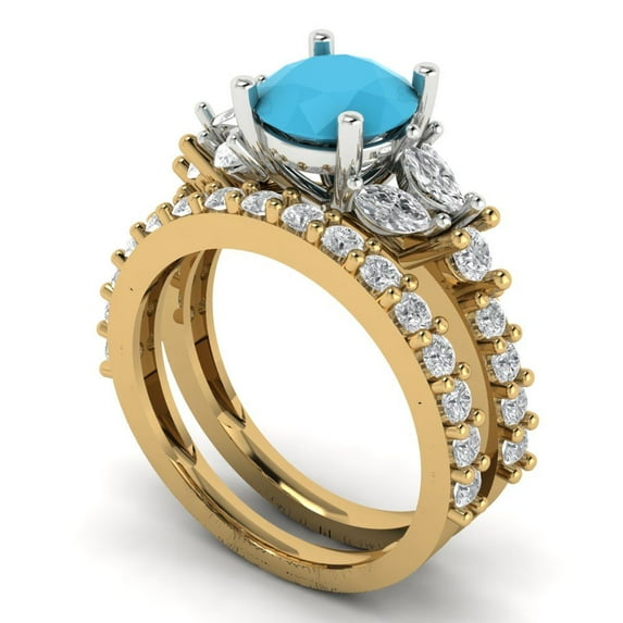 Clara Pucci 18K Yellow/White Gold 2.94 Simulated Turquoise Engraveable Engagement Ring + Wedding Band Set