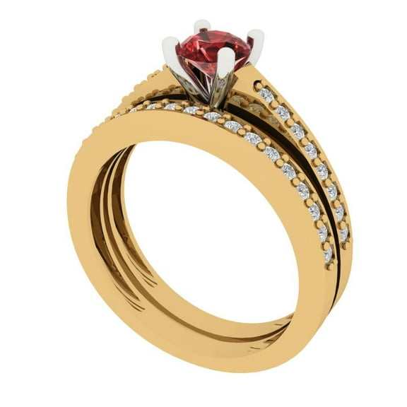 Clara Pucci 18K Yellow/White Gold Round Cut 0.5Ct Natural Garnet Engagement Ring + Matching Band - Luxury Box Included