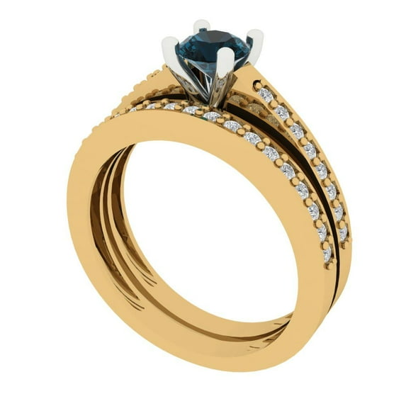Clara Pucci 18K Yellow/White Gold Round Cut 0.5Ct Natural London Blue Topaz Engagement Ring + Matching Band - Luxury Box Included
