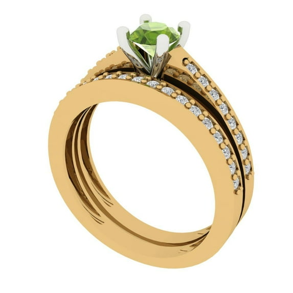 Clara Pucci 18K Yellow/White Gold Round Cut 0.5Ct Natural Peridot Engagement Ring + Matching Band - Luxury Box Included