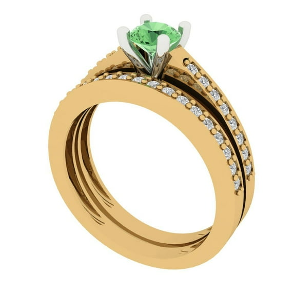 Clara Pucci 18K Yellow/White Gold Round Cut 0.5Ct Simulated Green Diamond Engagement Ring + Matching Band - Luxury Box Included