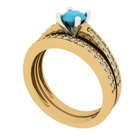Clara Pucci 18K Yellow/White Gold Round Cut 0.5Ct Simulated Turquoise Engagement Ring + Matching Band - Luxury Box Included