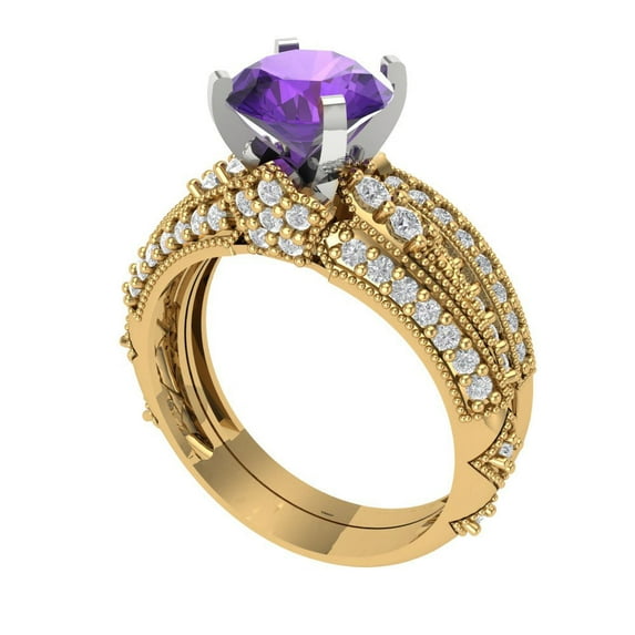 Clara Pucci 18K Yellow/White Gold Round Cut 1.5Ct Natural Amethyst Engagement Ring + Matching Band - Luxury Box Included