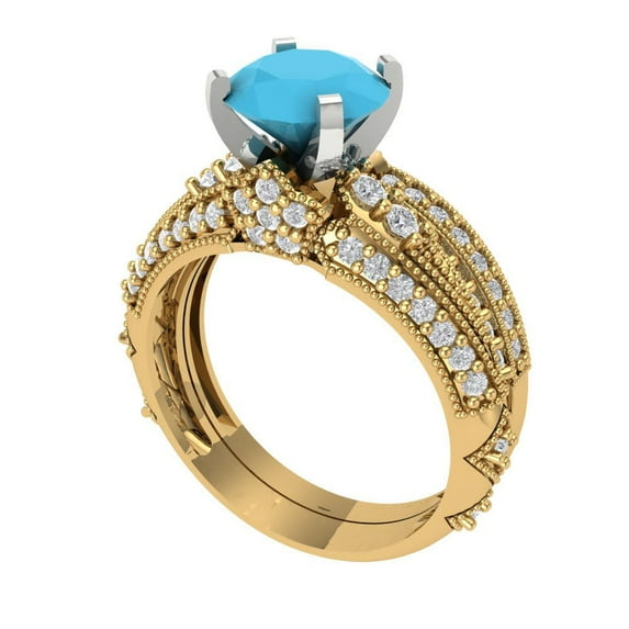 Clara Pucci 18K Yellow/White Gold Round Cut 1.5Ct Simulated Turquoise Engagement Ring + Matching Band - Luxury Box Included