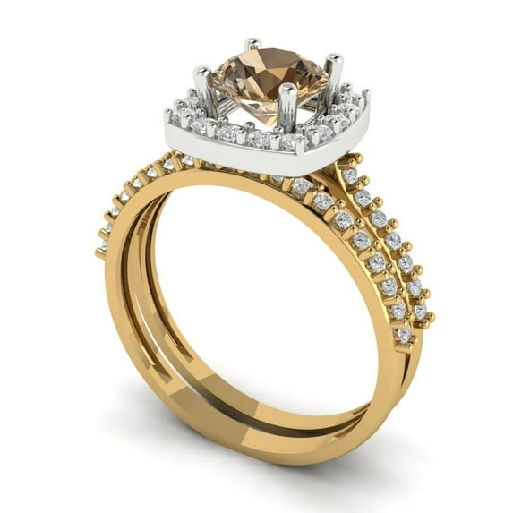 Clara Pucci 18K Yellow/White Gold Round Cut 1Ct Simulated Champagne Engagement Ring + Matching Band - Luxury Box Included